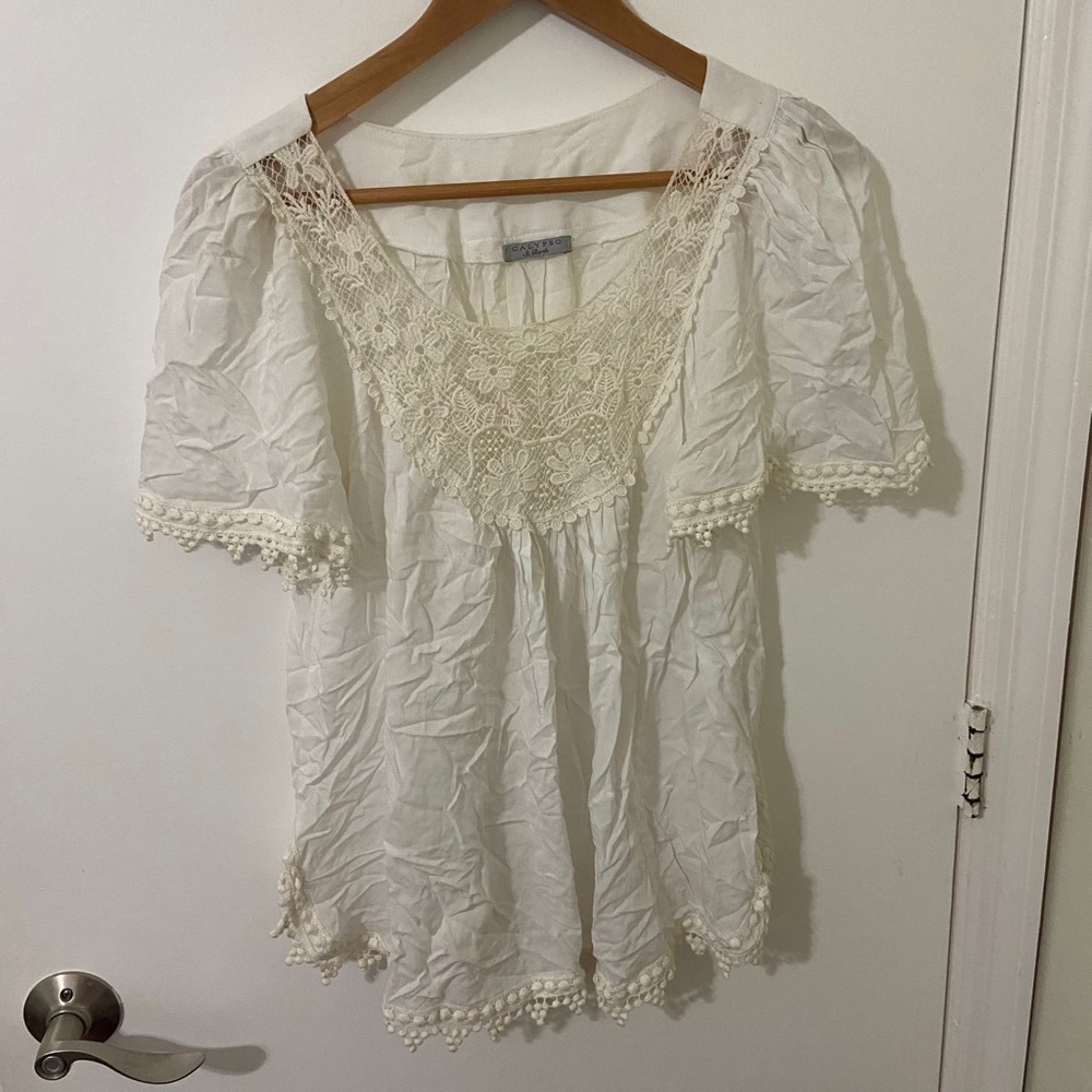 Calypso St Barth | Elegant White Lace Trim Blouse Top Short Sleeves | Small